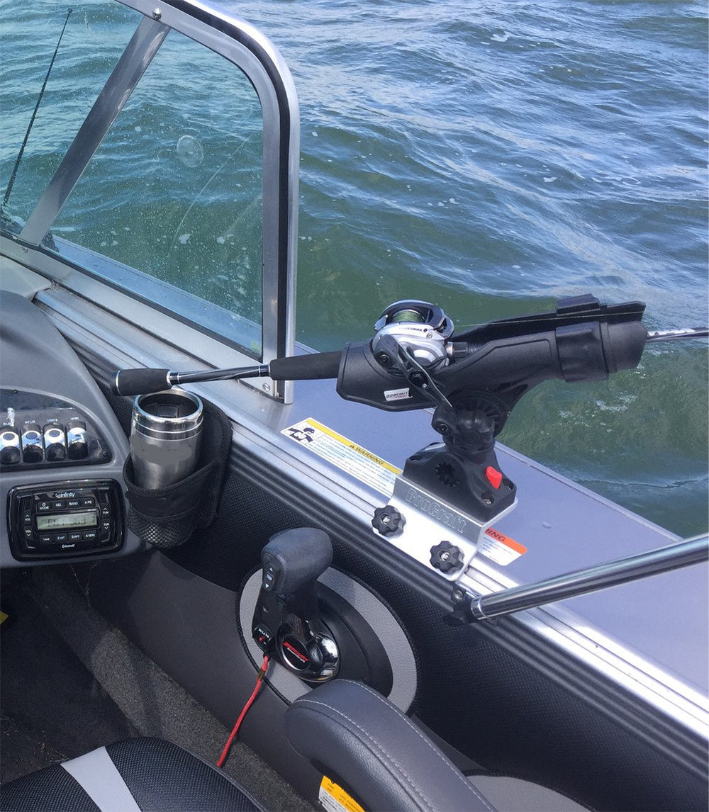 Brocraft Power Lock Rod Holder on War Eagle track enables easy repositioning.