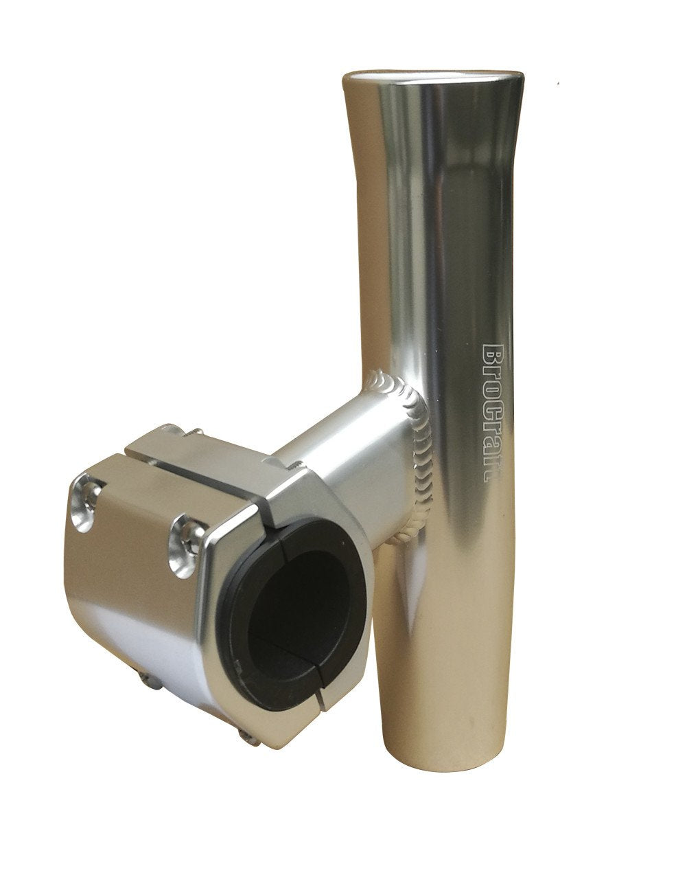 Brocraft T-Top rod holder in silver clamps securely to 1 to 2 inch pipe for quick rod access.