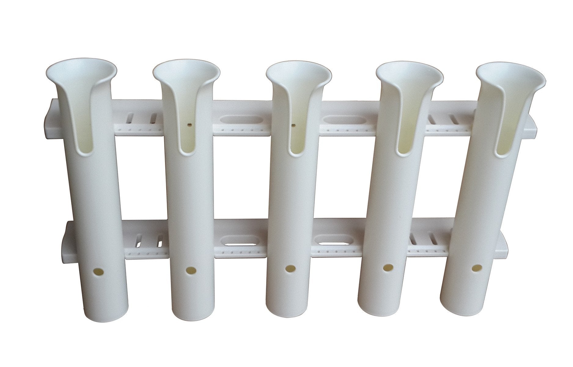 Brocraft 5-rod white tackle rack front view shows organized rod storage on deck.