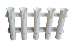 Brocraft 5-rod white tackle rack front view shows organized rod storage on deck.
