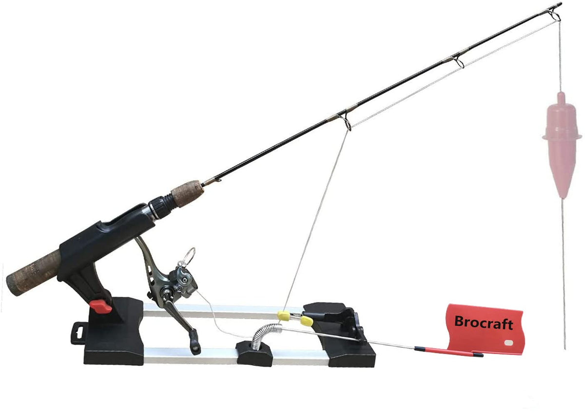 Brocraft Tip-Up/Tip-Down Rod Holder with flag signals strikes for ice fishing.