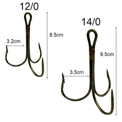 Large triple barbed bronze treble hooks ready for big game fishing