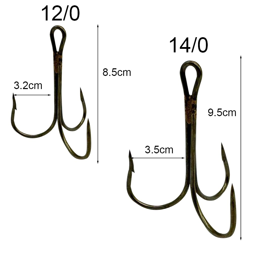 Bronze treble hook set showing triple barbs