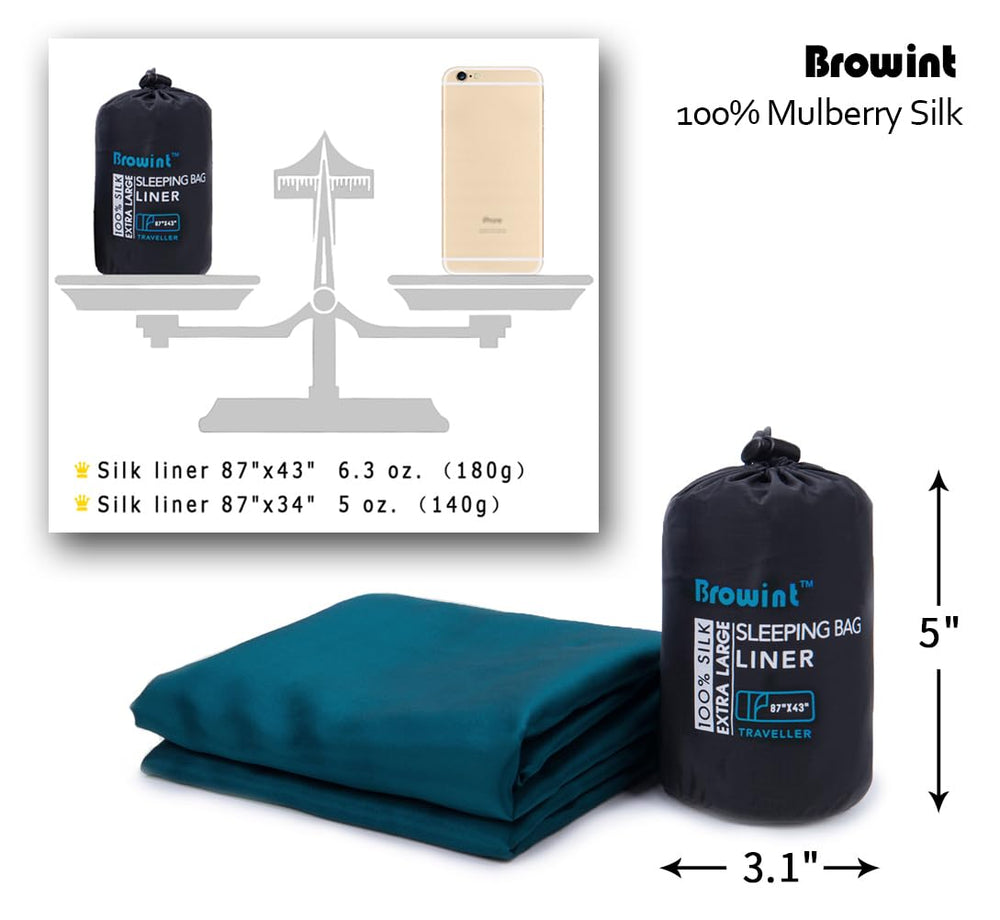 BROWINT silk sleeping bag liner compact size folds easily for travel