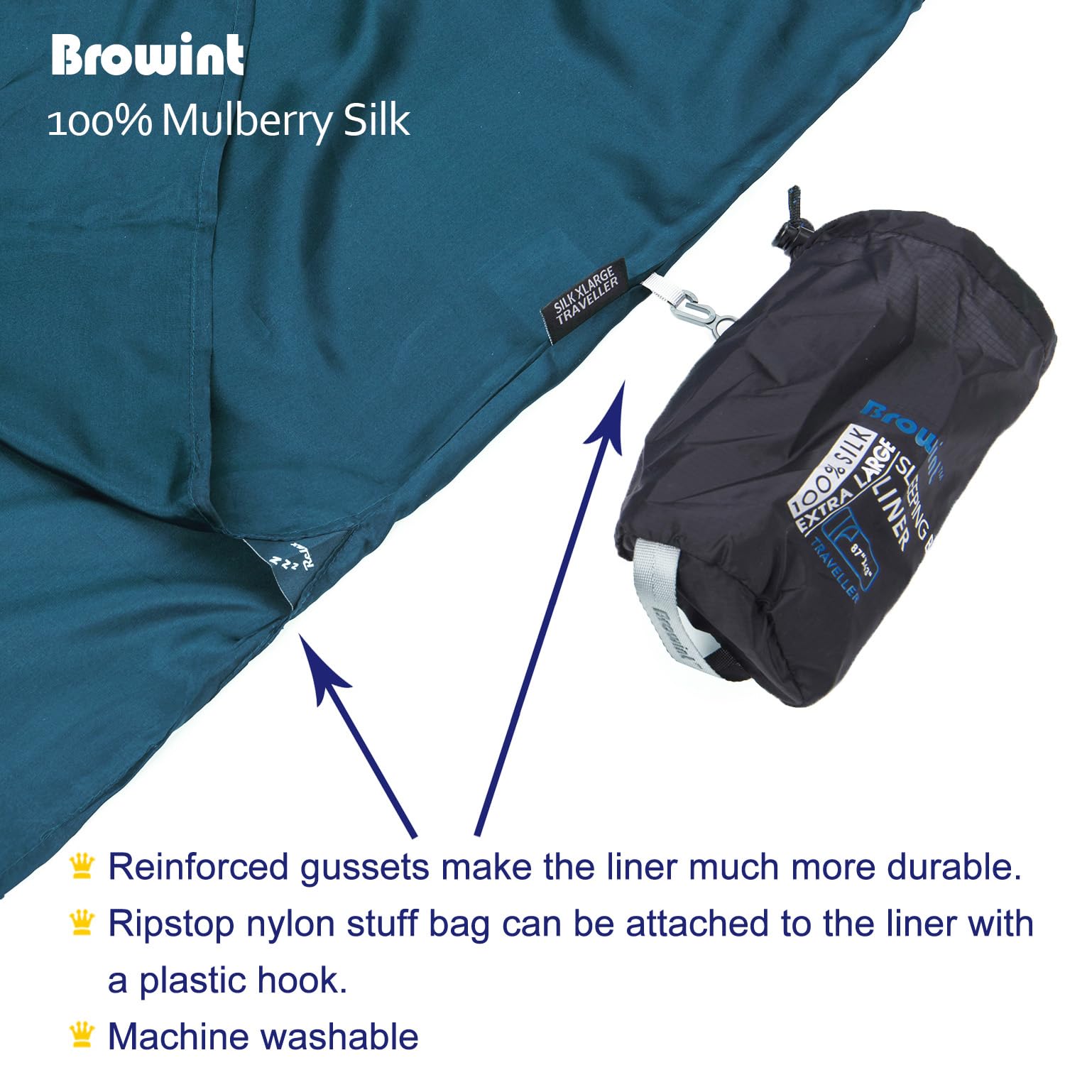 BROWINT silk liner shows pillow pocket for optional pillow insert