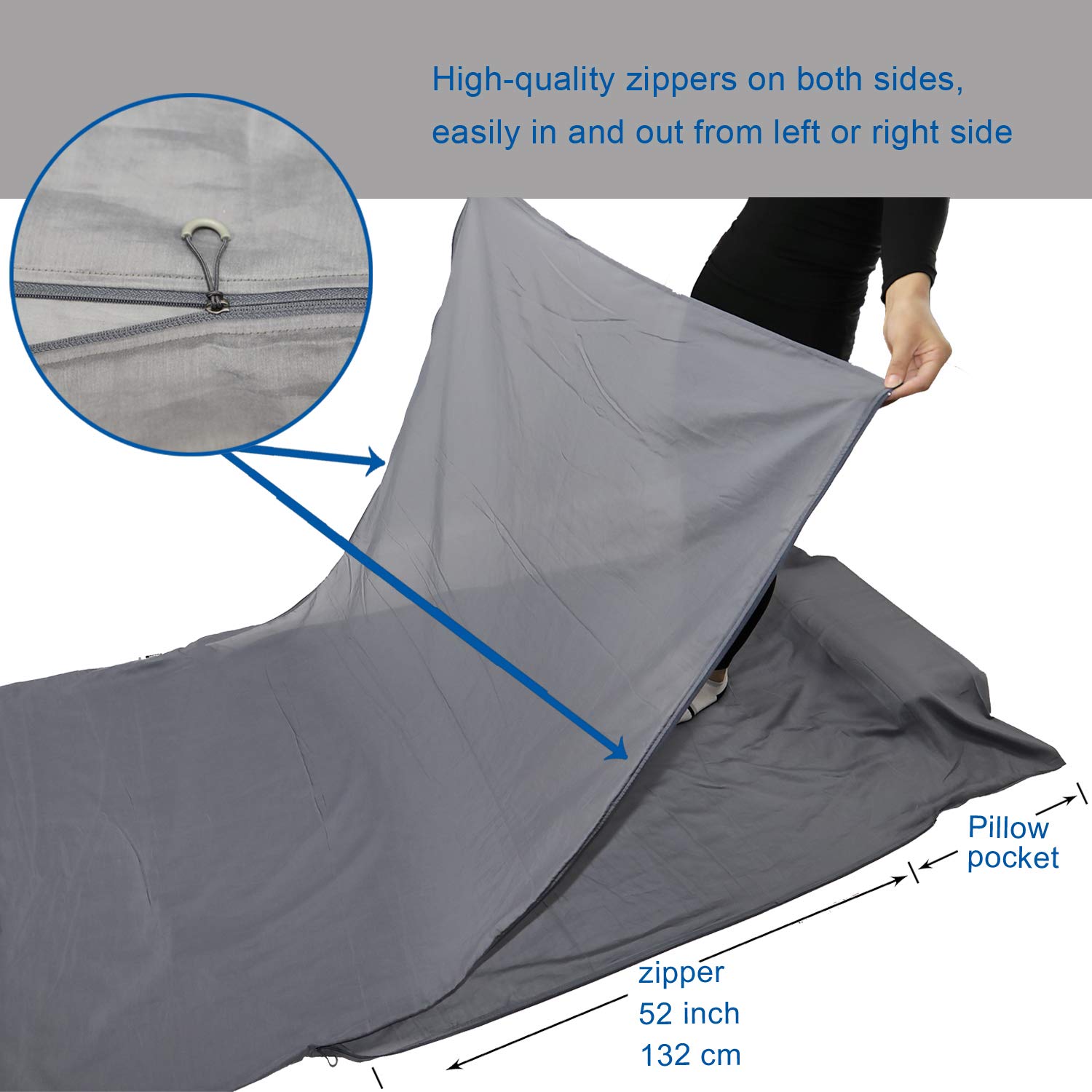 BROWINT travel sheet shows 87x43 extra-wide design for tall sleepers