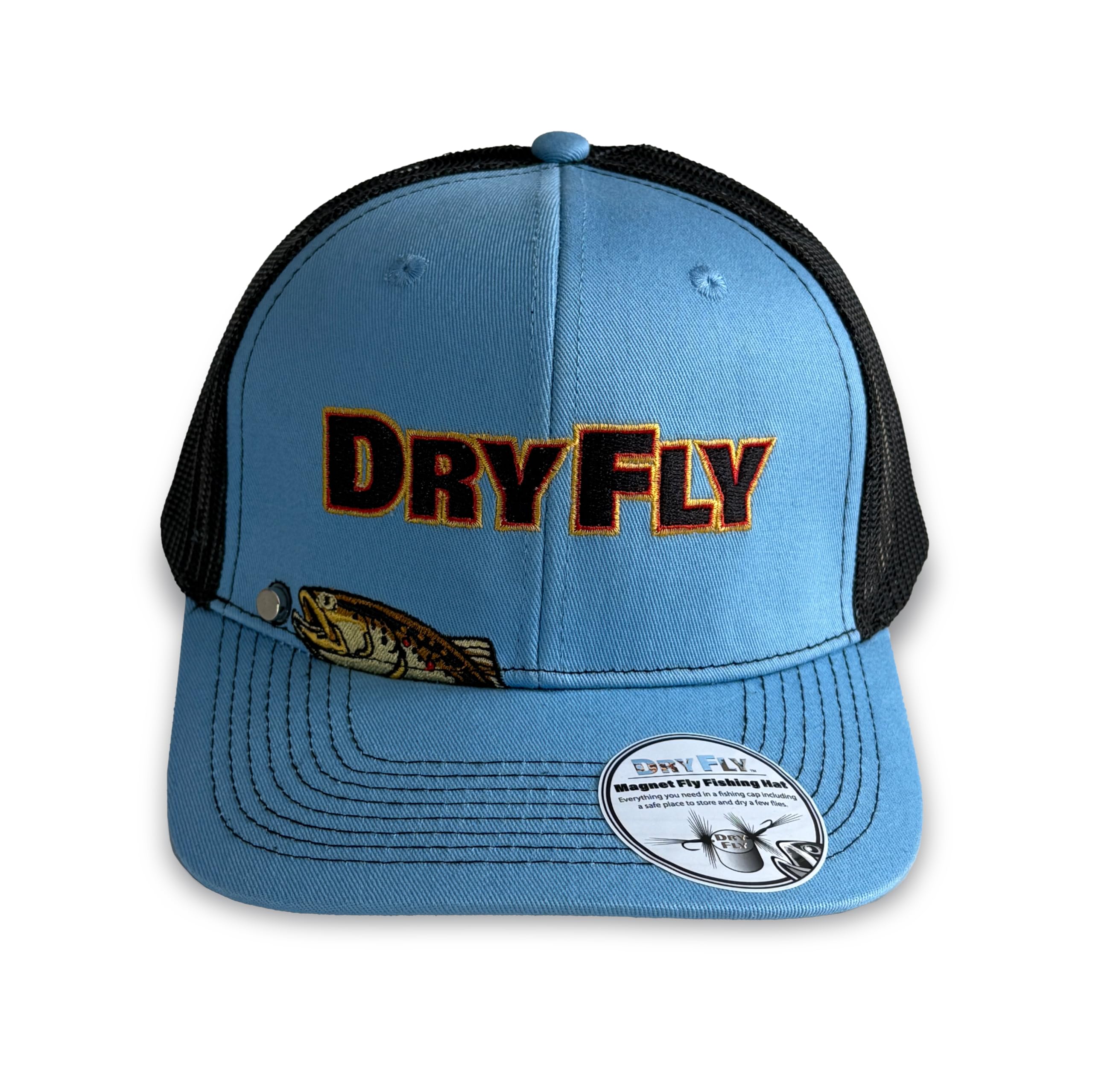 Close-up of magnetic fly-holding feature on Brown Trout Rising Magnet Hat