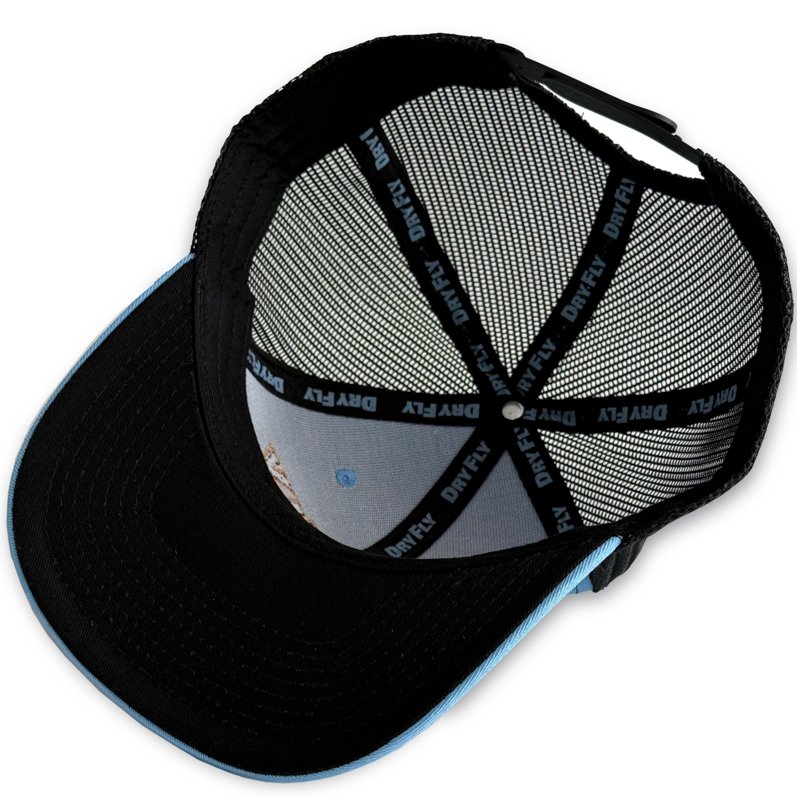 Breathable mesh back panel of Brown Trout Rising Magnet Hat in Blue Wing