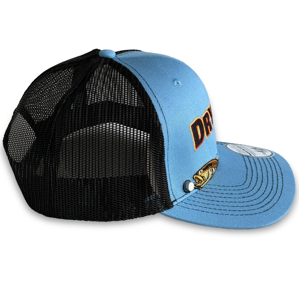 Pack shot of Brown Trout Rising Magnet Hat with blue wing