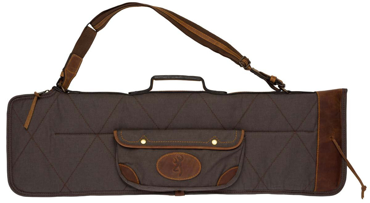 Browning canvas-leather over/under takedown case protects shotguns; ideal for range and travel.