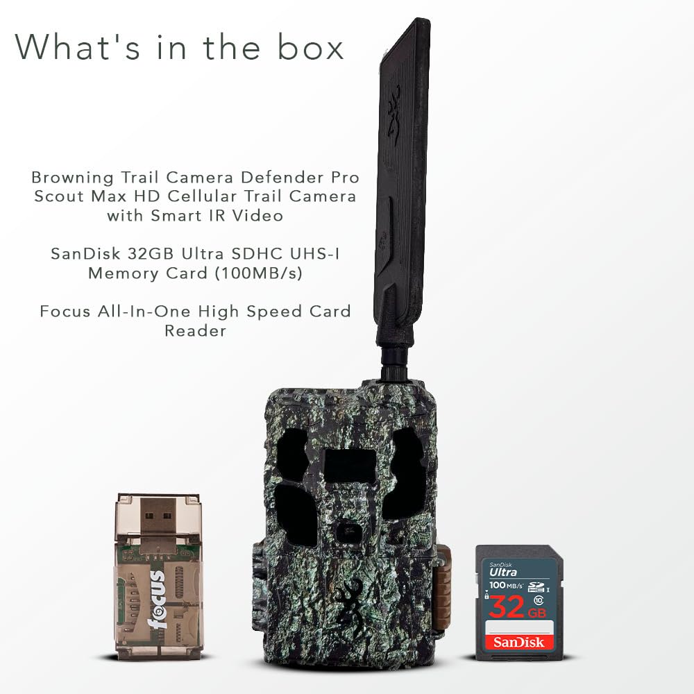 Browning Defender Pro Scout Max bundle includes 32GB card and USB reader.