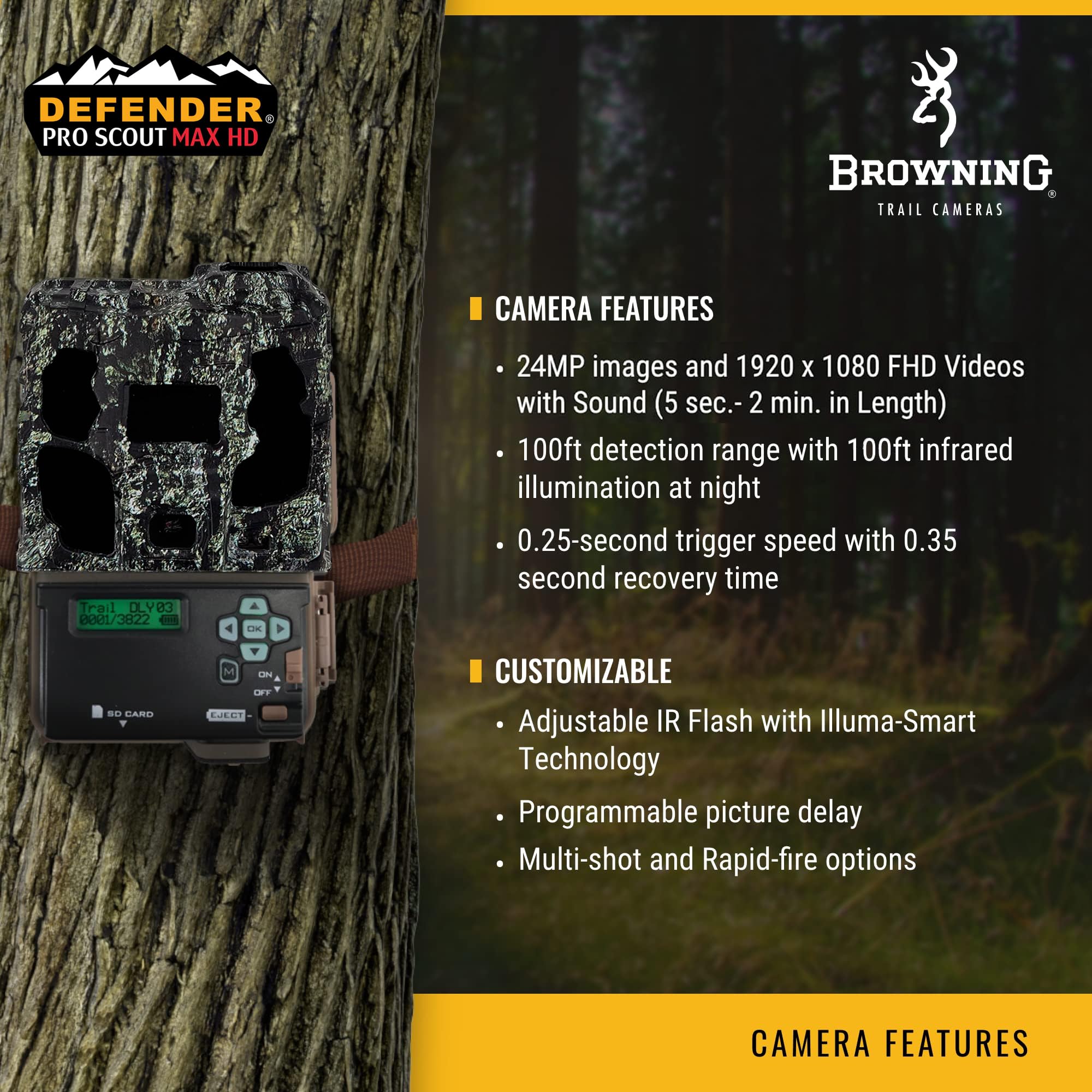 Browning Defender Pro Scout Max HD display/info bar shows Time, Date and GPS tagging