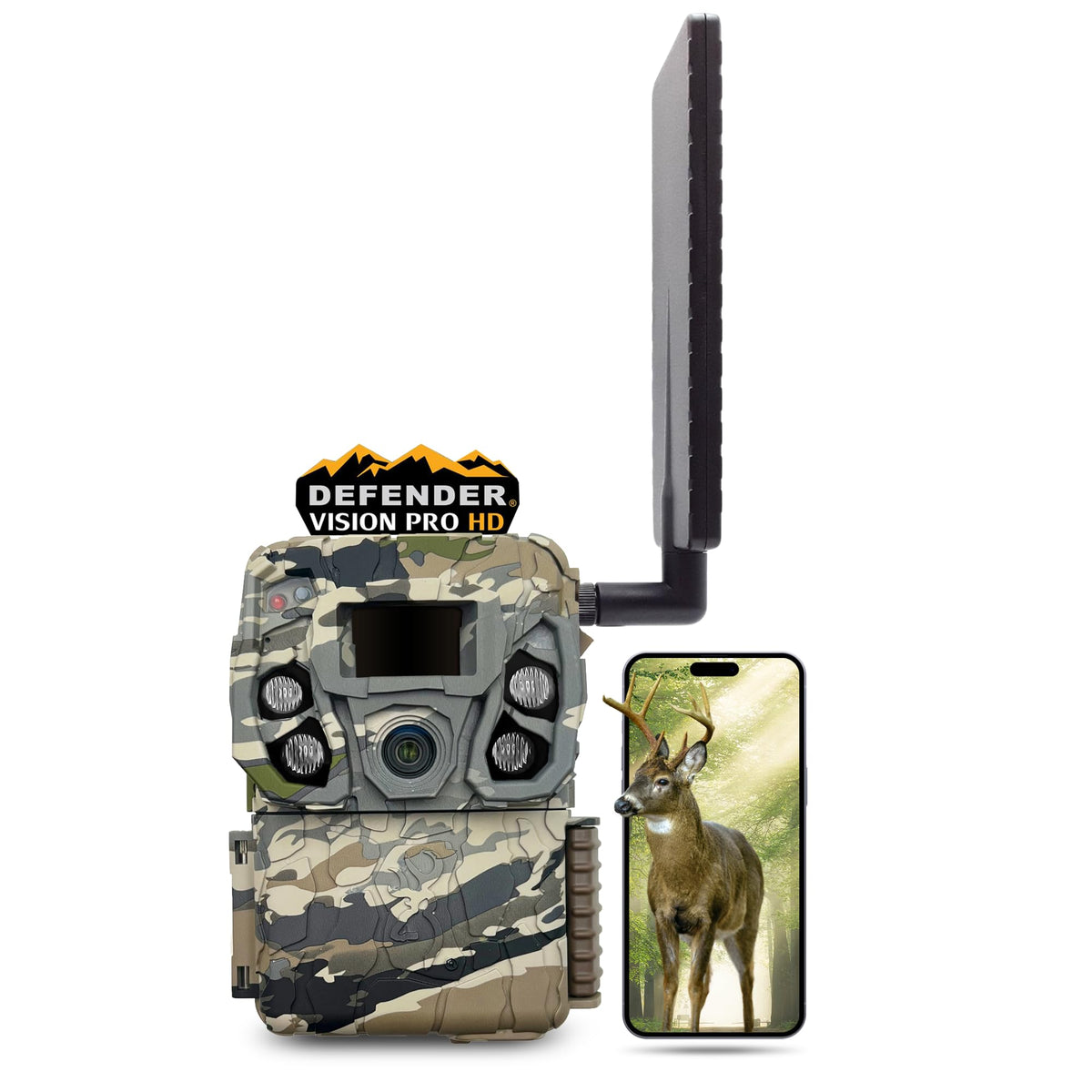 Browning Defender Vision Pro HD cam front view with rugged OVIX camo for field scouting