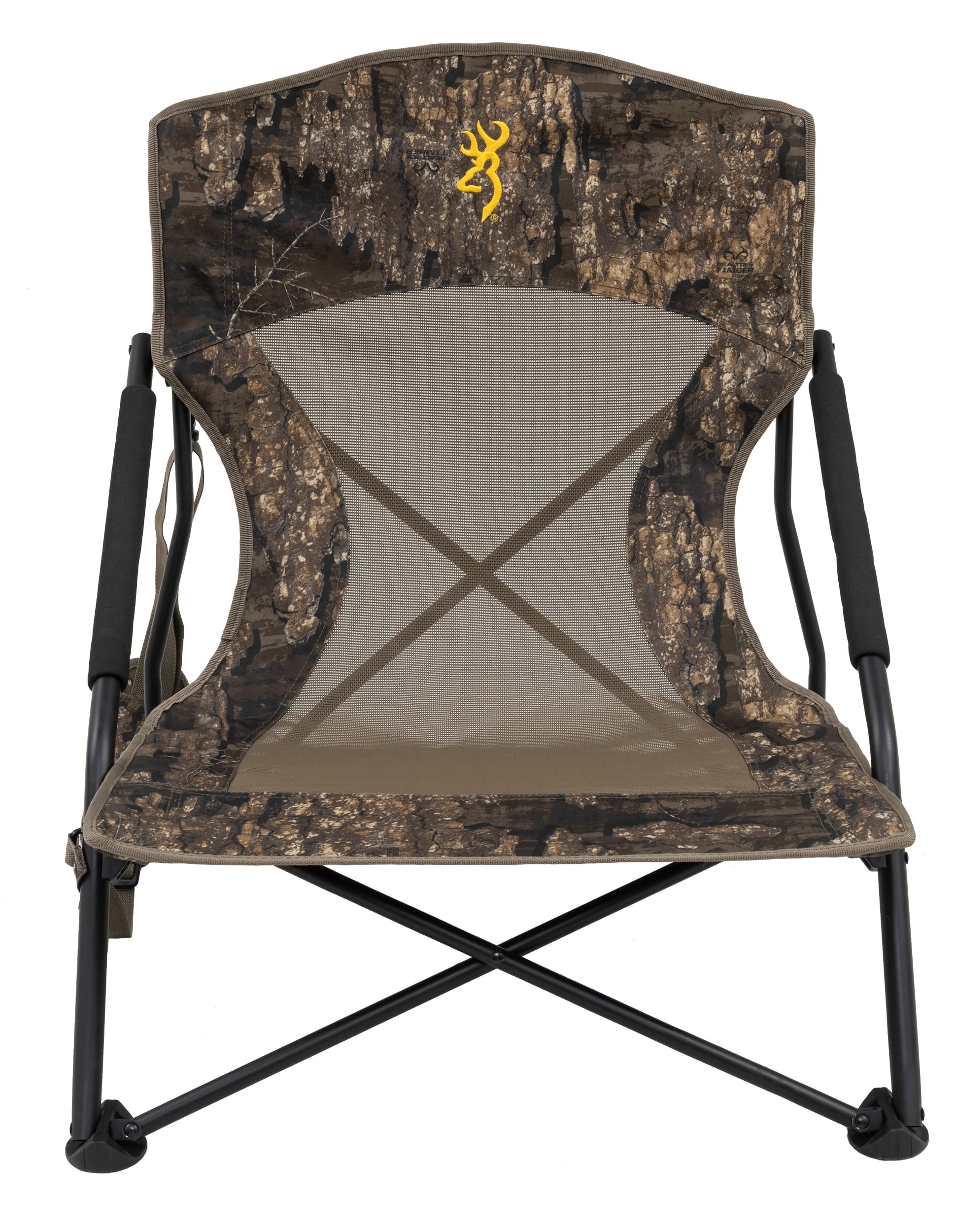 Browning Strutter chair mossy-oak camouflage blends into woods.