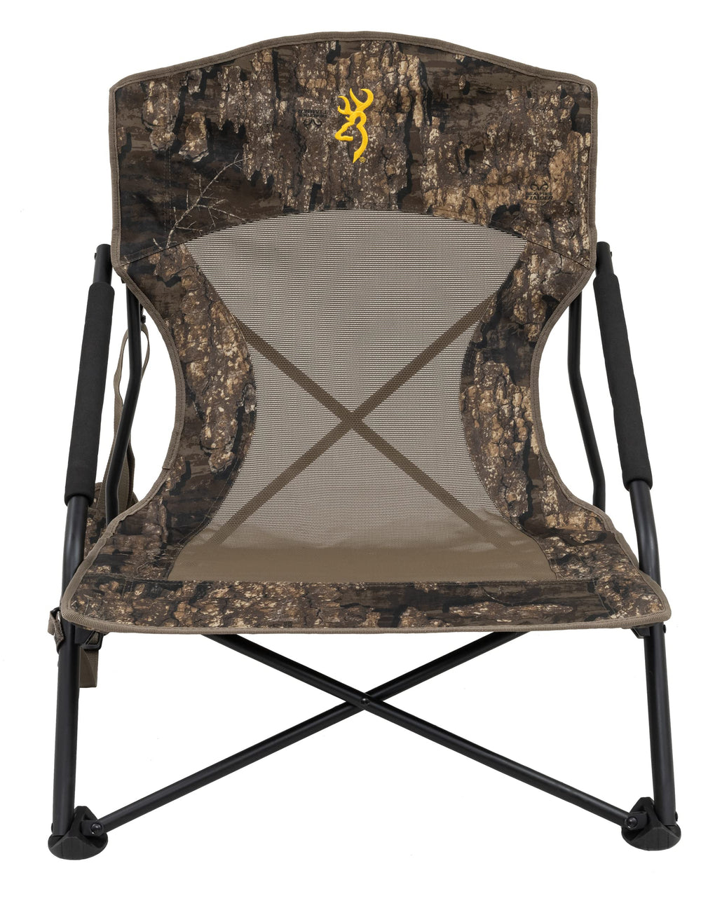 Browning Strutter chair mossy-oak camouflage blends into woods.