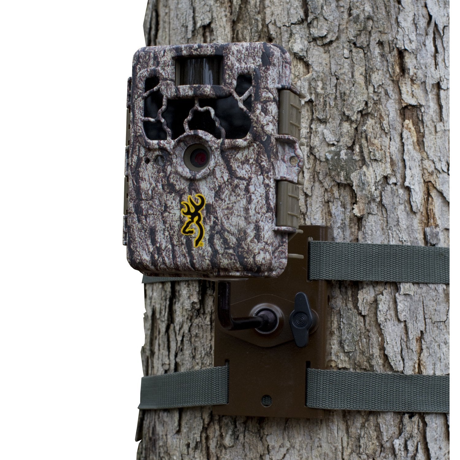 Browning Trail Camera Tree Mount close-up highlights rugged steel for reliable field mounting.
