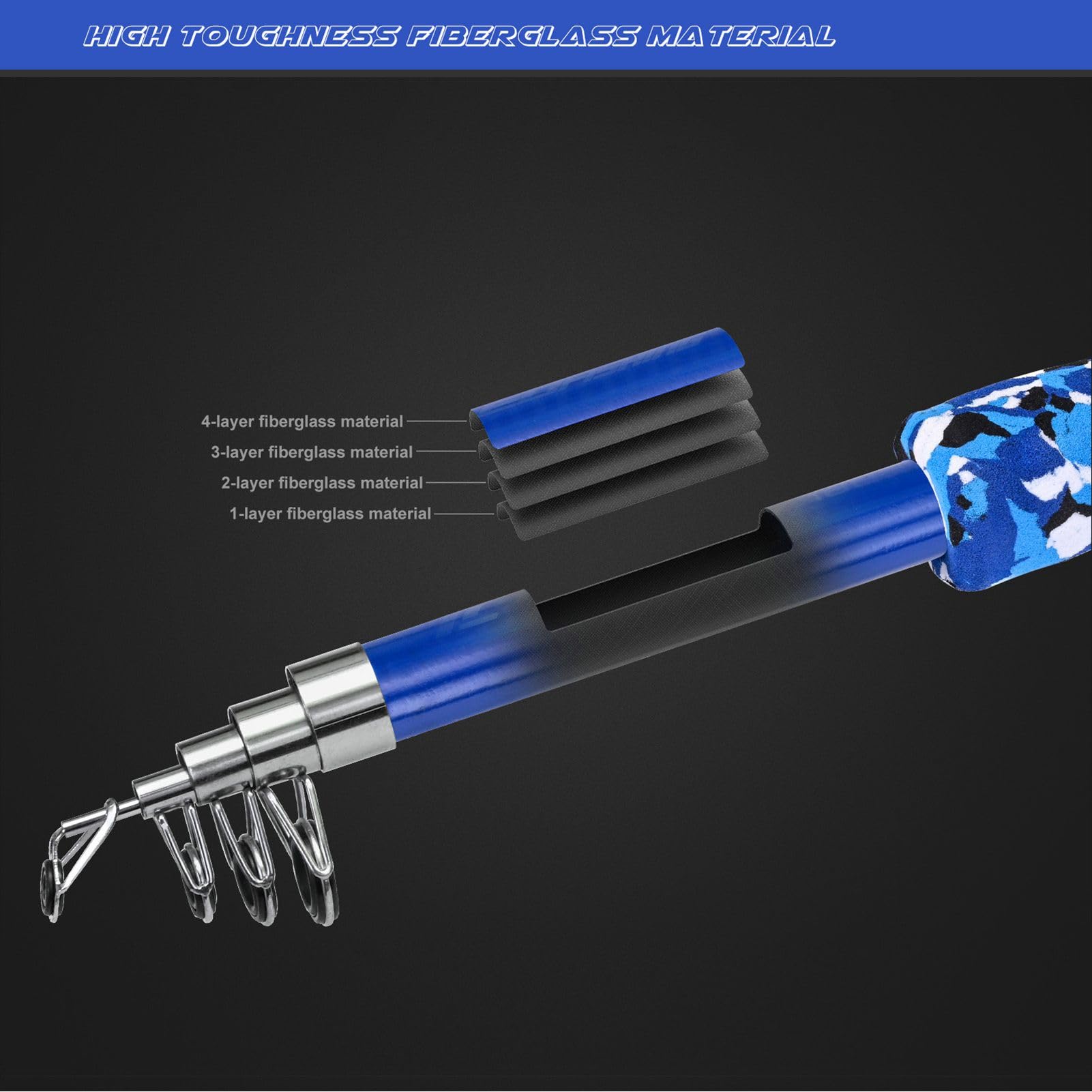 Brrnoo kids fishing pole blue collapsed to 42 cm for easy packing.