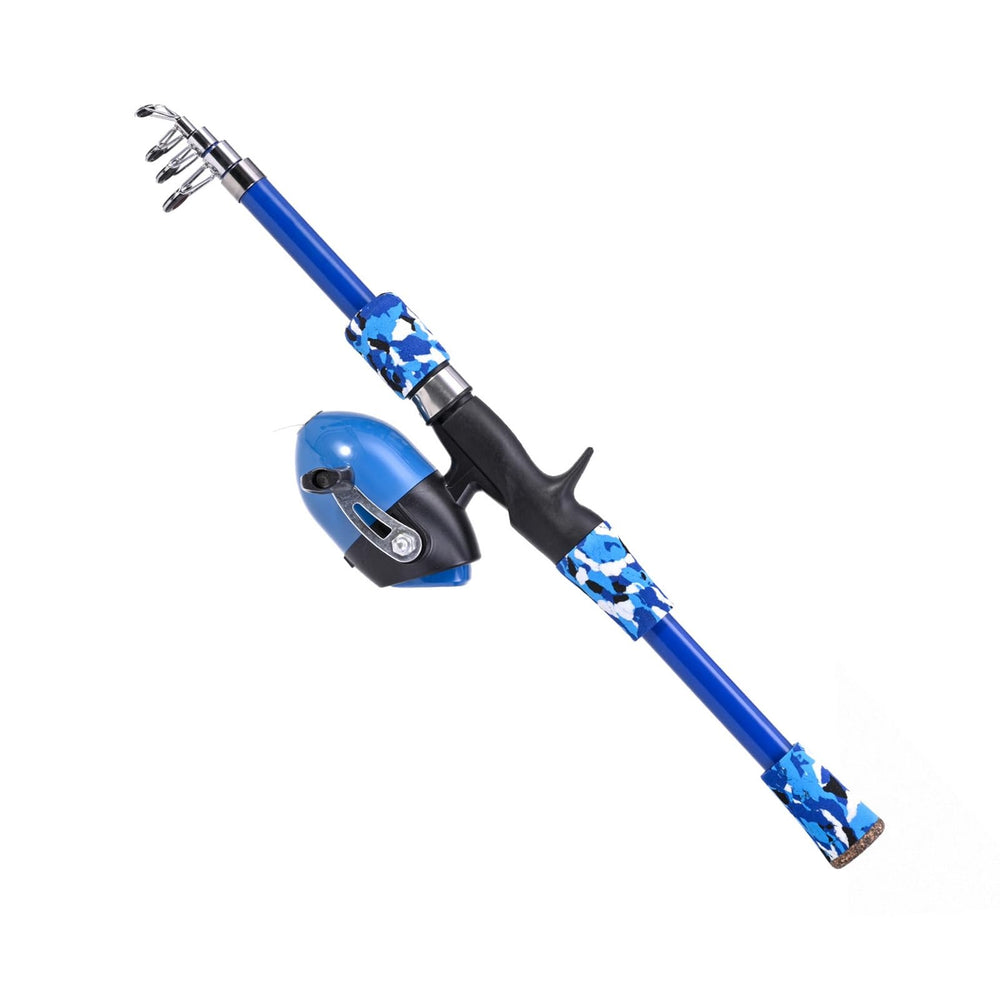 Brrnoo kids fishing pole blue extended to 165 cm for versatile outdoor casting.