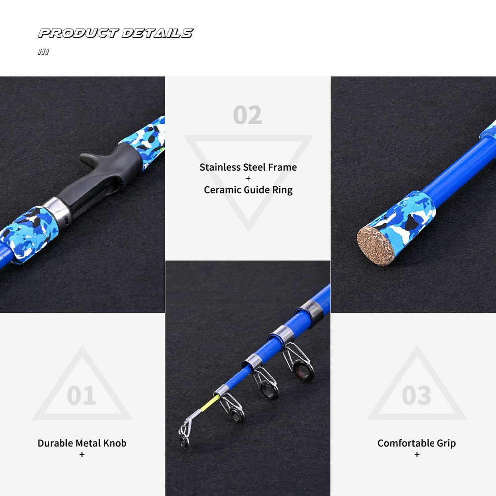 Brrnoo kids fishing pole blue fiberglass rod for durable family fishing.