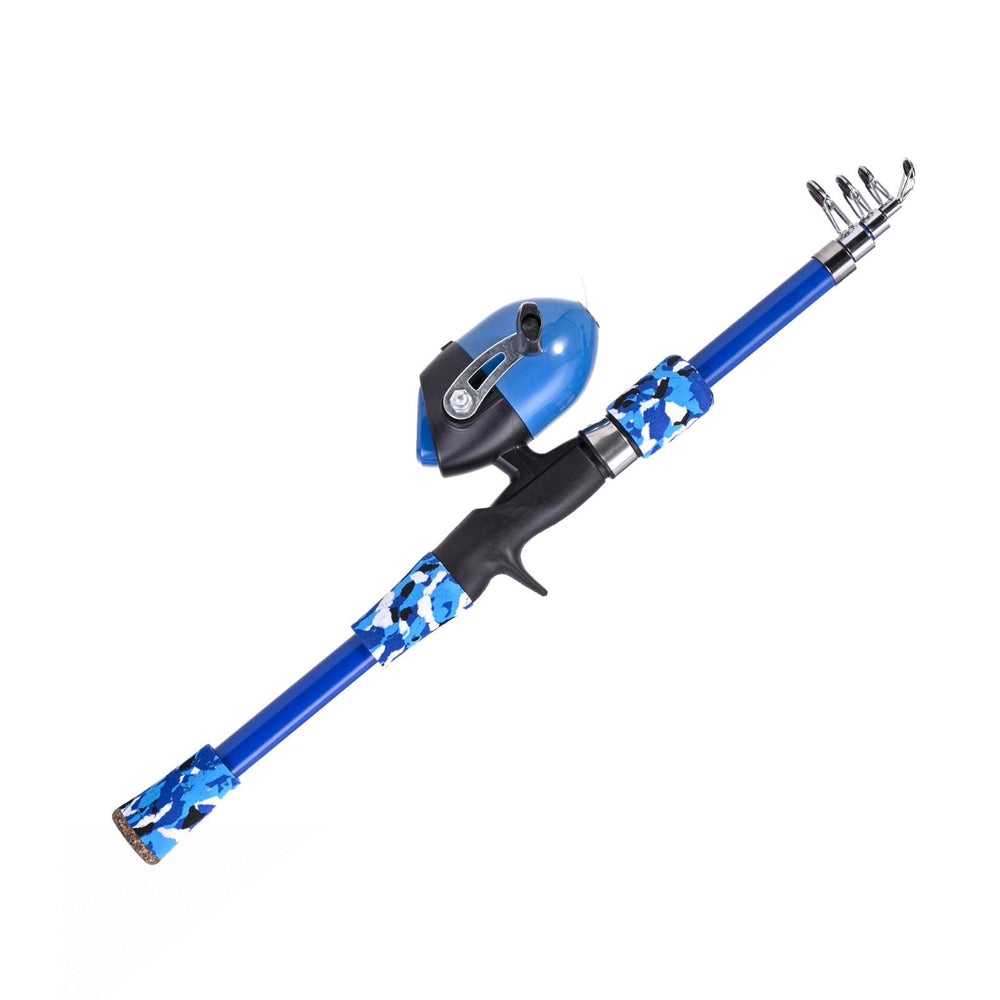 Brrnoo kids fishing pole blue portable design for lakes and beaches.