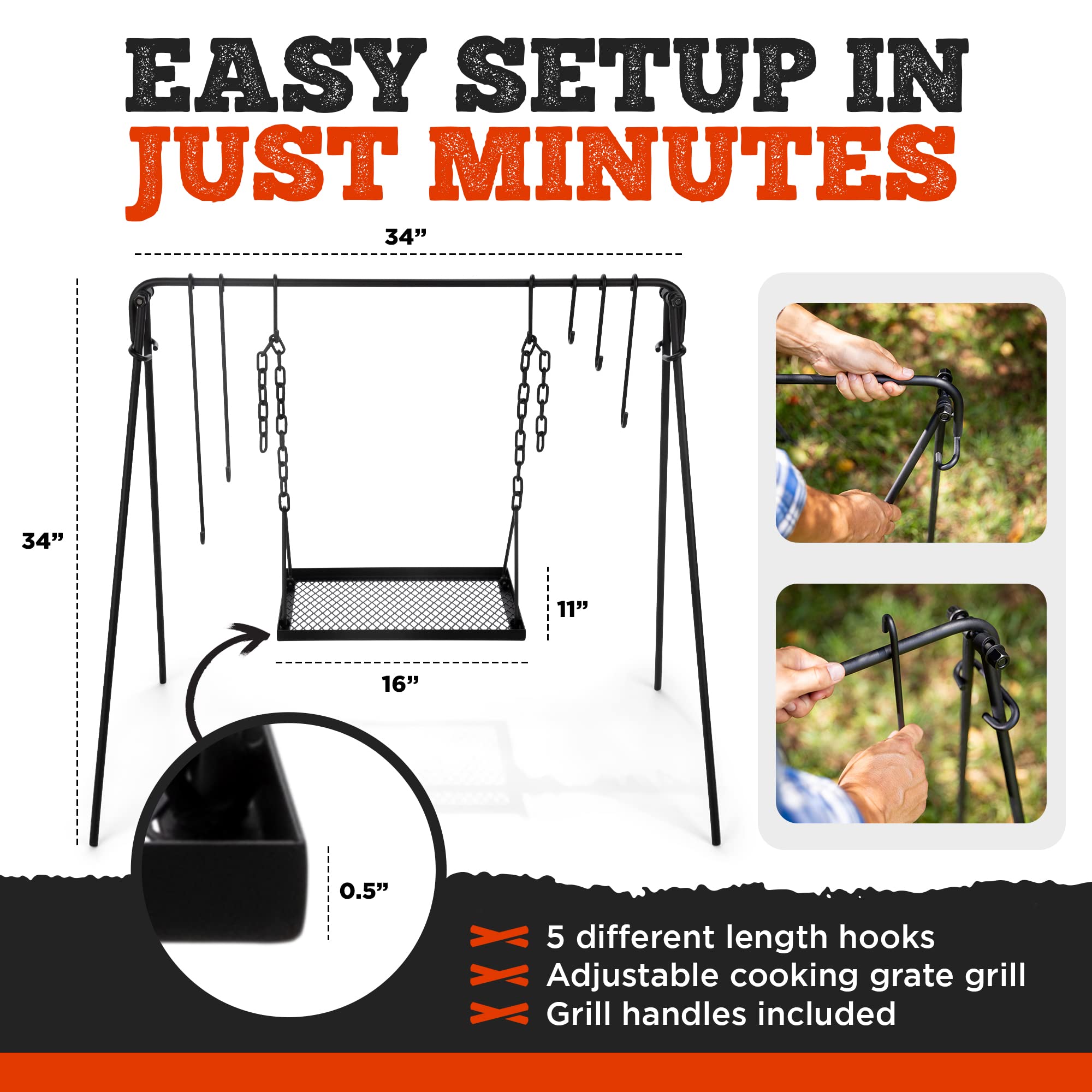Bruntmor adjustable-height swing with chain latch allows precise cooking height control.
