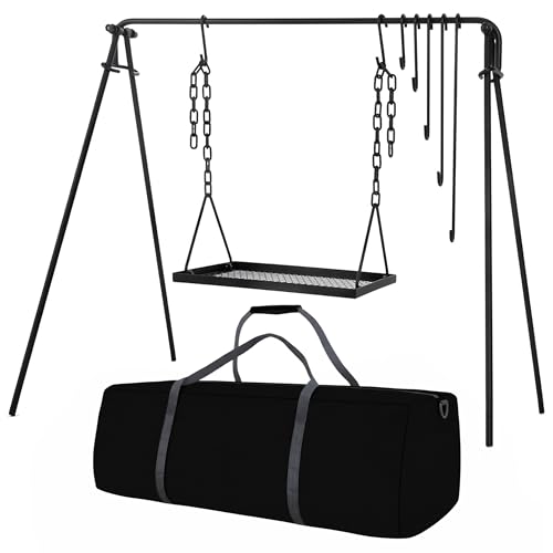 Bruntmor grill swing stand campfire enables versatile outdoor cooking over open flame.