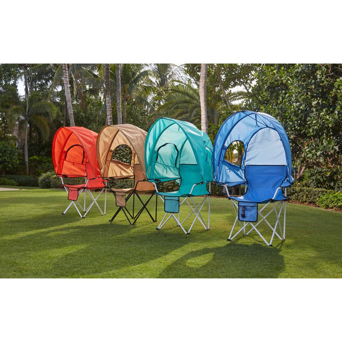 BrylaneHome canopy tent chair in coral provides shaded comfort for beach days and backyard lounging.