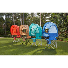 BrylaneHome canopy tent chair in coral provides shaded comfort for beach days and backyard lounging.