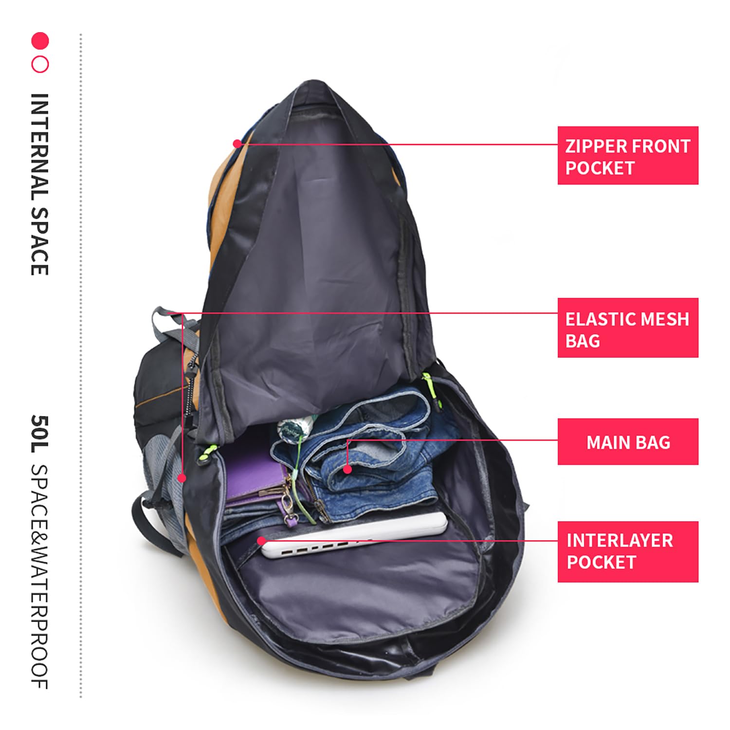 Bseash 50L hiking backpack water-resistant fabric protects belongings in rain