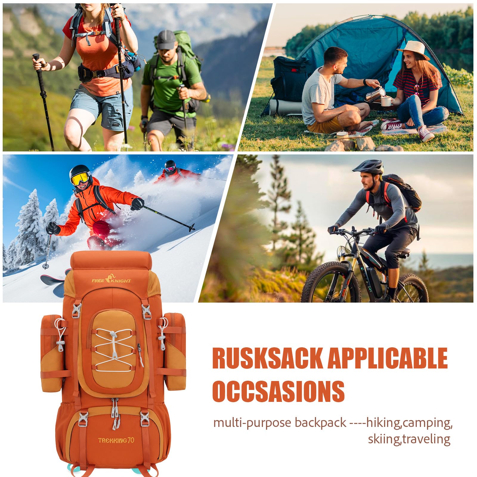Bseash 70L ergonomic orange straps provide breathable comfort on climbs.