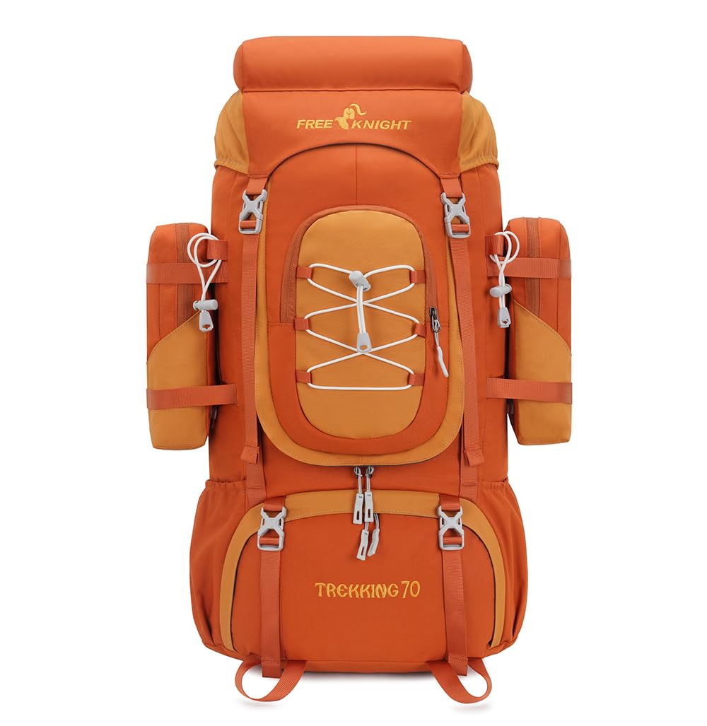Bseash 70L backpack front view in orange with roomy main compartment for multi-day trips.