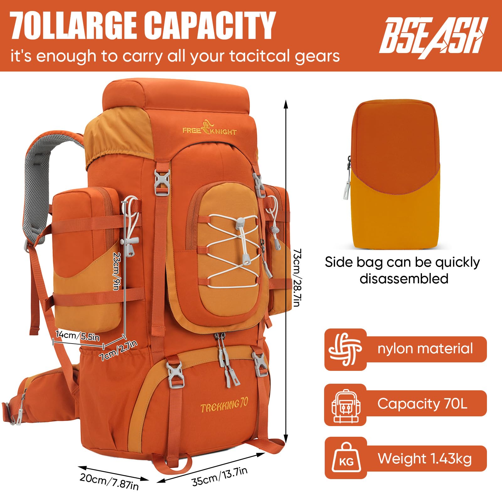 Bseash 70L main compartment in orange showing spacious packing area for gear.