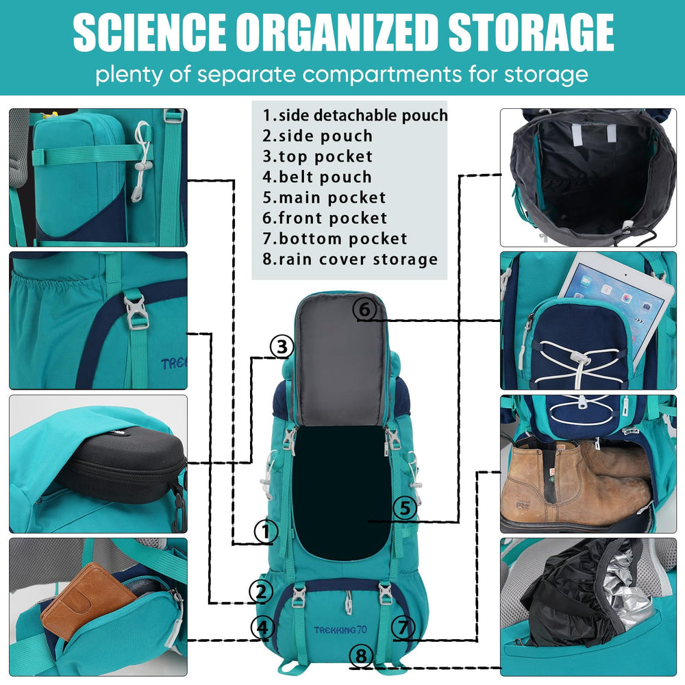 Bseash 70L backpack padded shoulder straps in navy reduce shoulder strain during climbs.