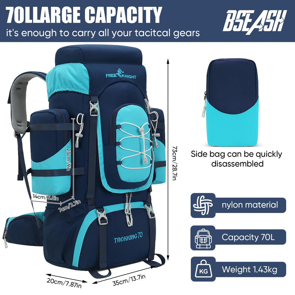 Bseash 70L backpack side pockets in navy for easy water bottle access during hikes.