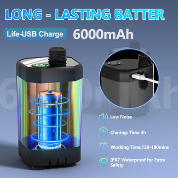 BSEED portable shower 6000mAh battery powers long-lasting outdoor showers.