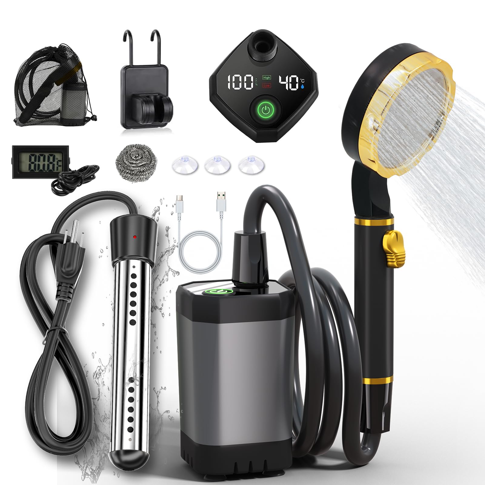 BSEED portable shower setup with immersion heater for outdoor camping needs.
