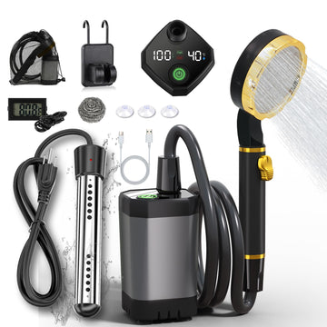 BSEED portable shower setup with immersion heater for outdoor camping needs.