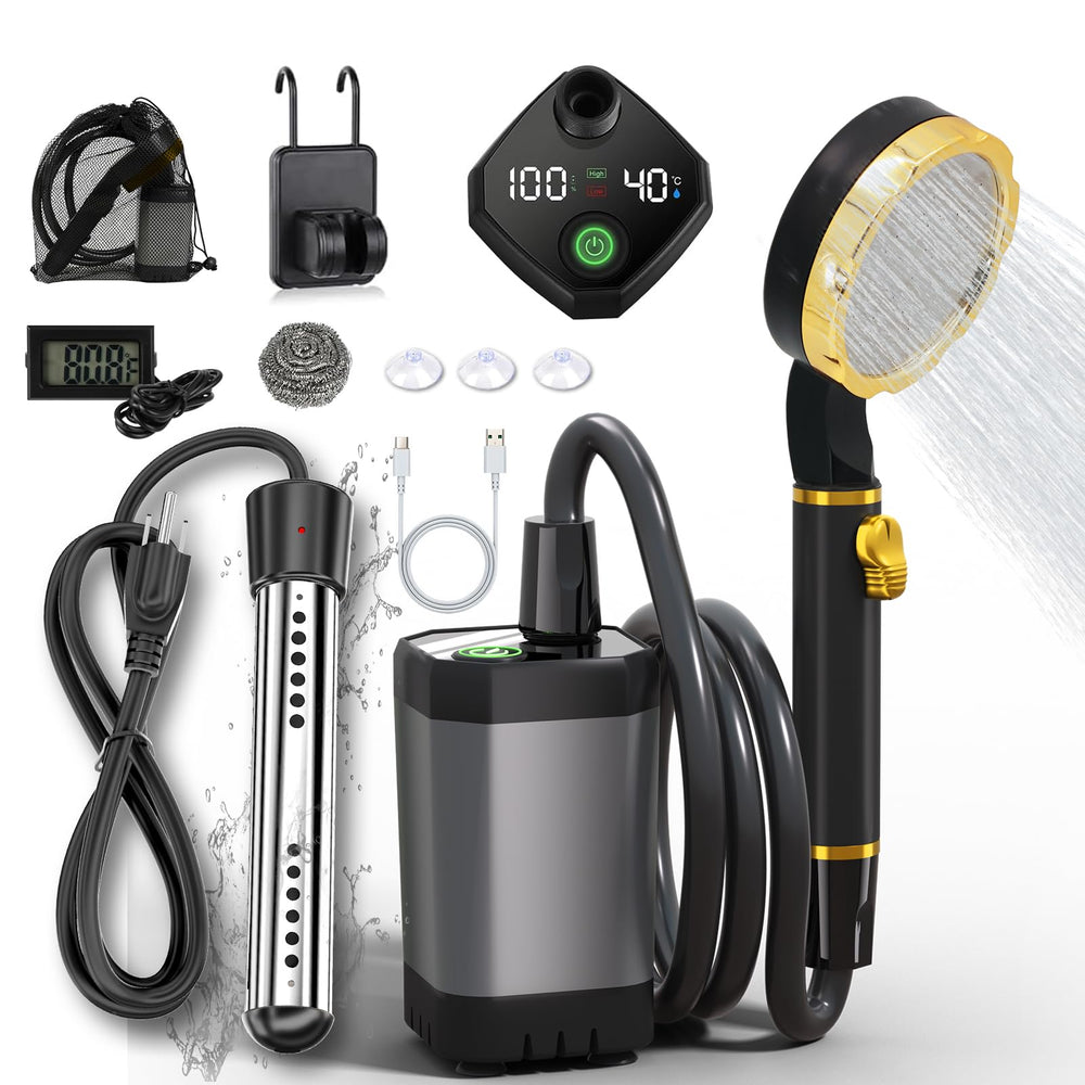 BSEED portable shower setup with immersion heater for outdoor camping needs.