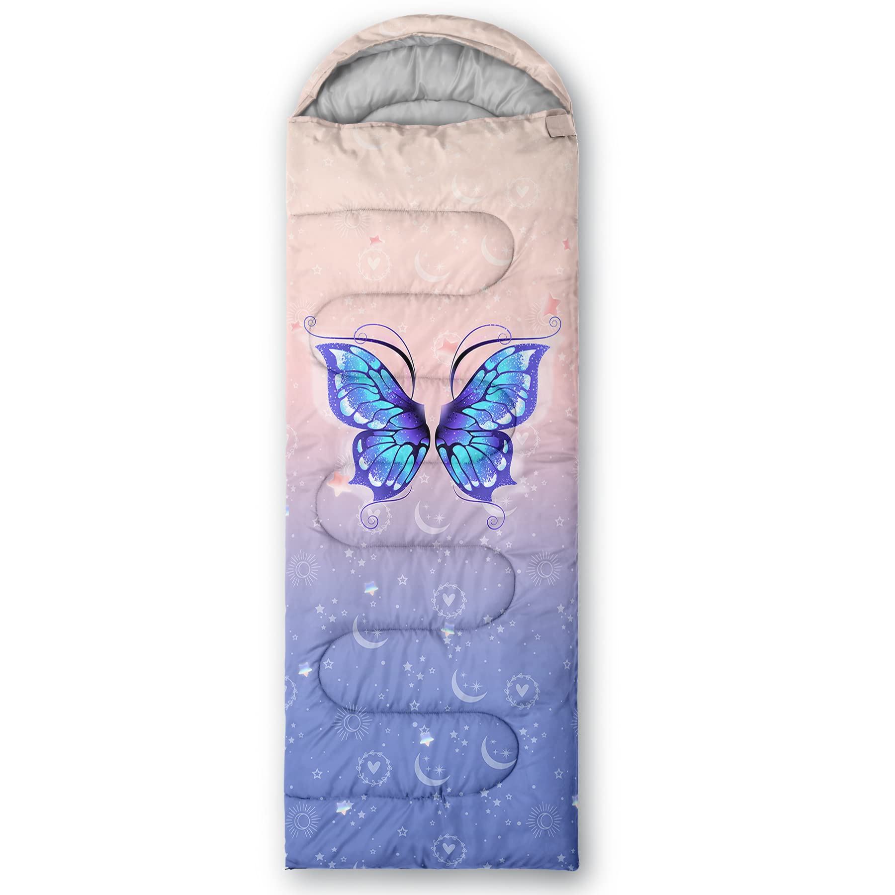 BSNTHO blue butterfly sleeping bag folded for compact, easy travel.