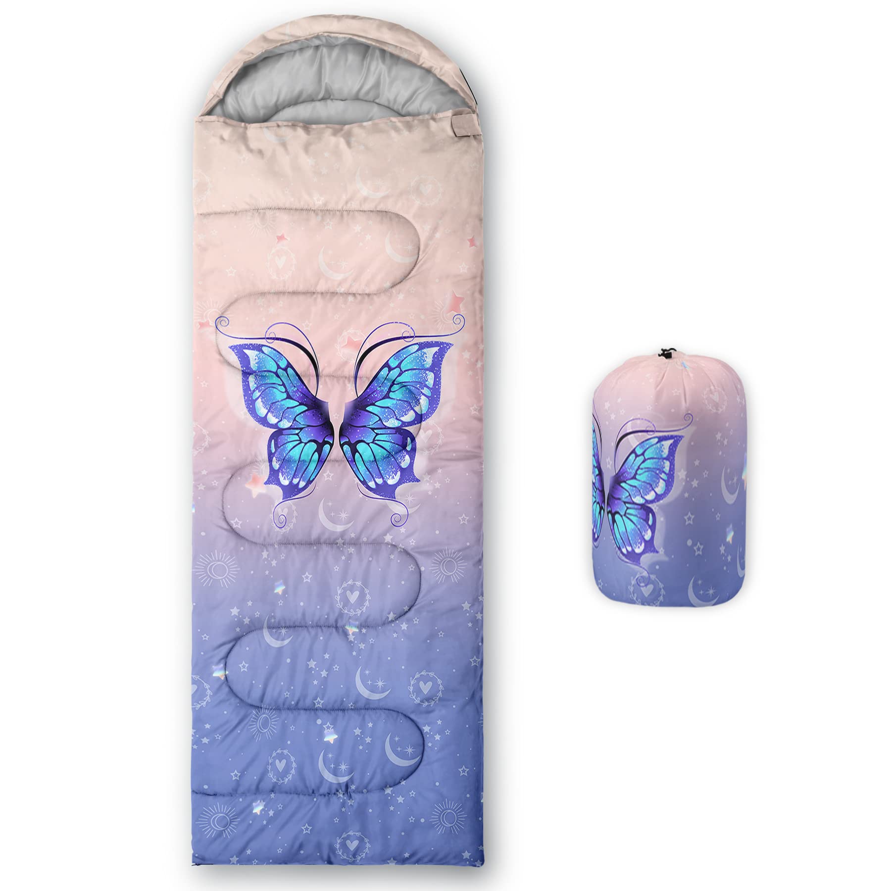 BSNTHO blue butterfly sleeping bag open-hood for quick warmth during trips.