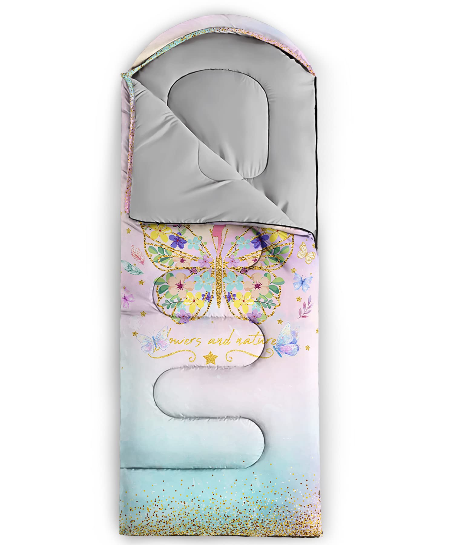 BSNTHO Butterfly Cloud sleeping bag back view highlights compact packing for travel.