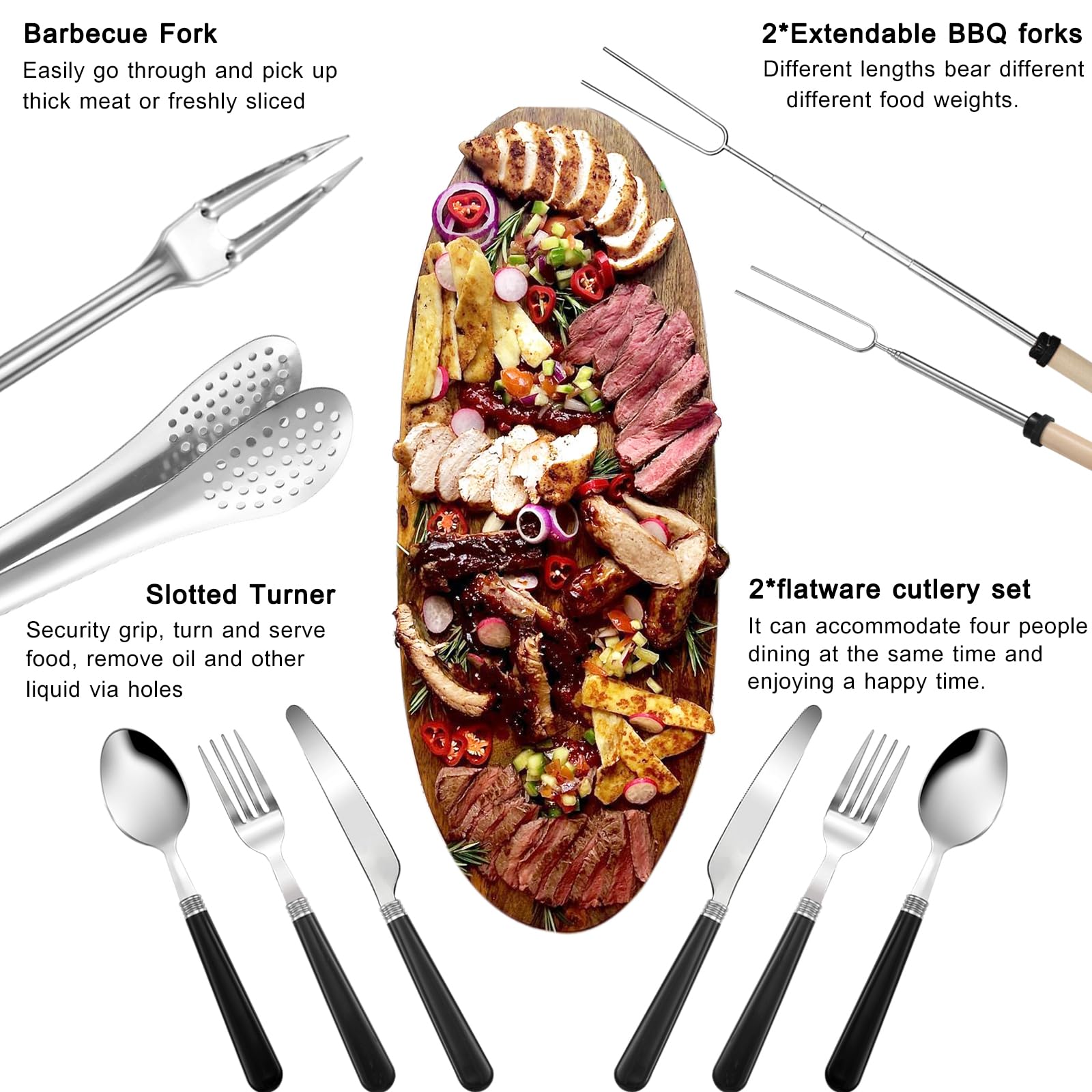 Bsotas camping cooking set 24 pcs barbecue fork ready for grilling at the campsite.