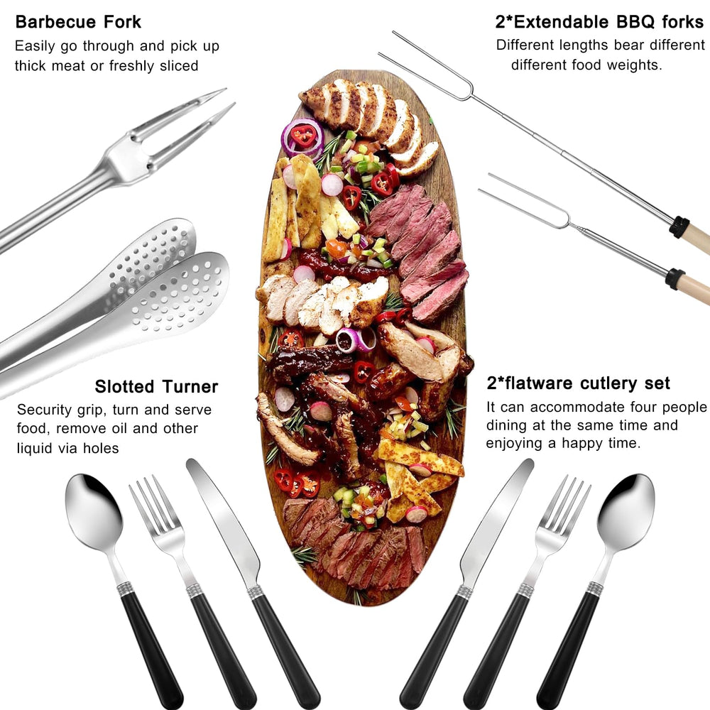 Bsotas camping cooking set 24 pcs barbecue fork ready for grilling at the campsite.