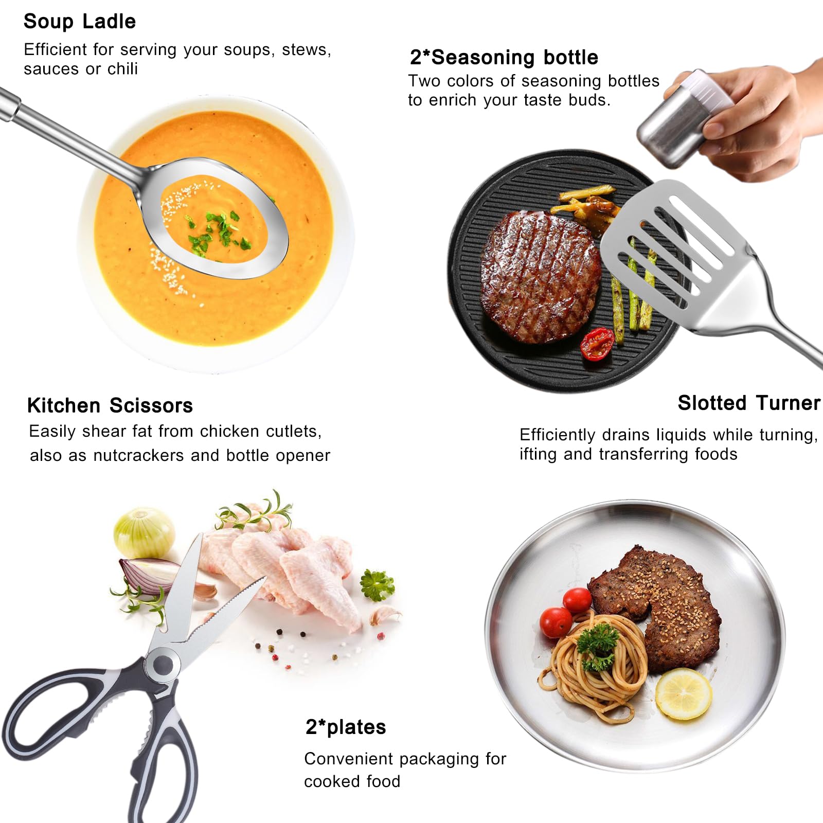 Bsotas camping cooking set 24 pcs slotted tongs for turning and serving grilled foods.