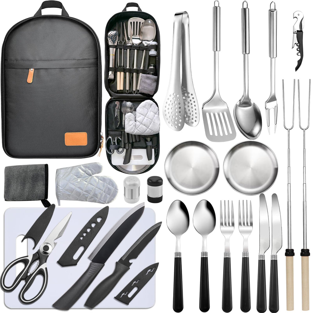 Bsotas camping cooking set 24 pcs with storage bag keeps utensils organized for outdoor meals.