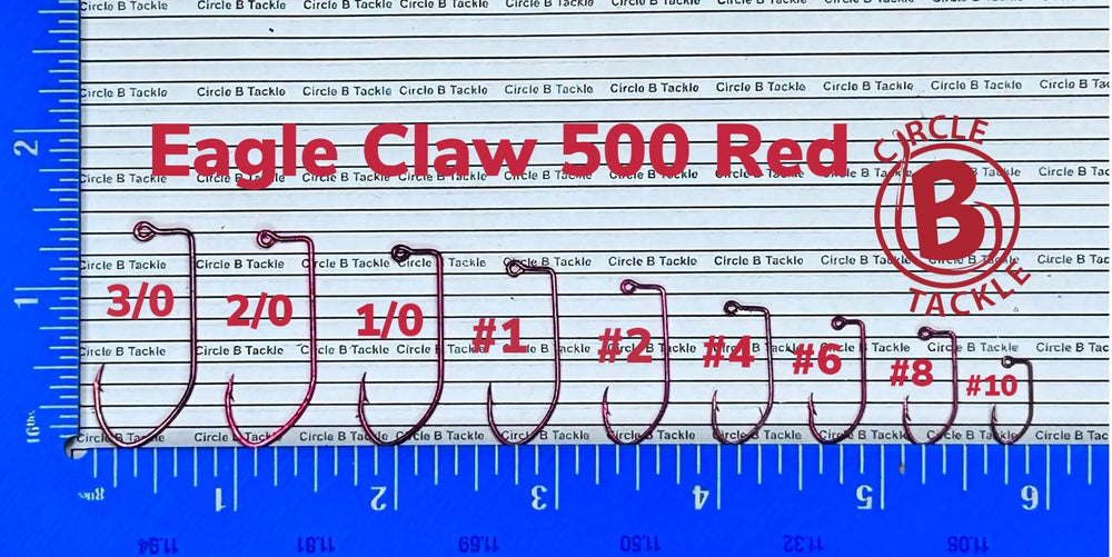 BT Outdoors Eagle Claw 500 red jig hook closeup highlighting the sharp point and bright red finish