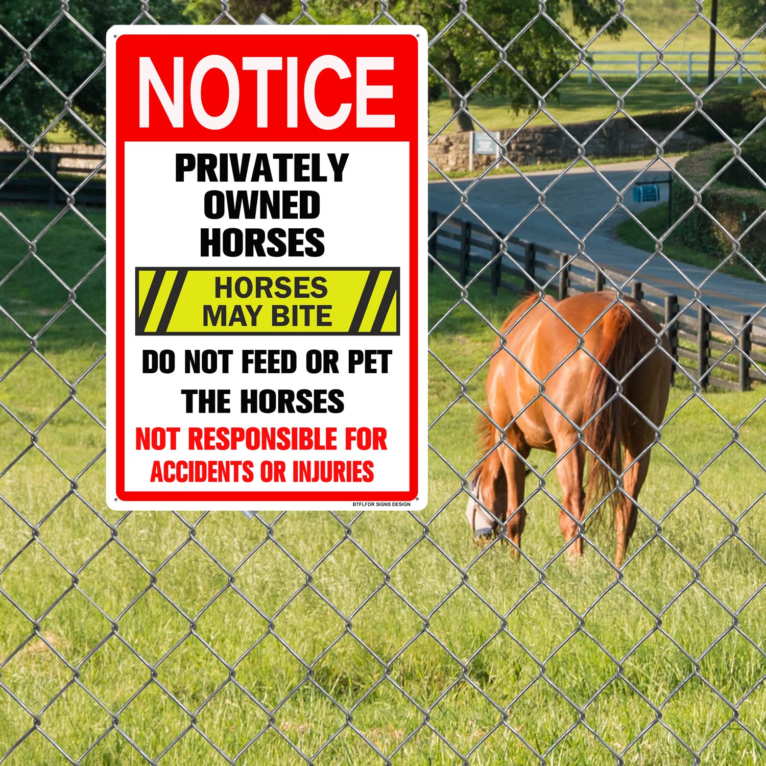 BTFLFDR aluminum sign with mounting holes for quick installation on farms.