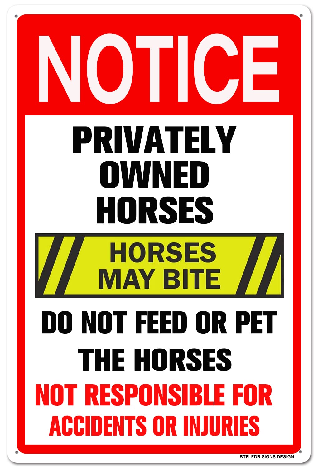 BTFLFDR horse warning sign 8x12 in: durable aluminum for outdoor use.