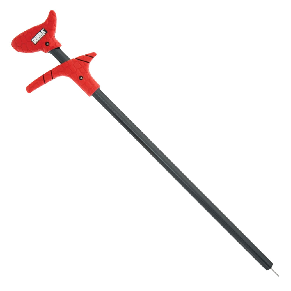 BUBBA 12-inch hook extractor in palm shows ergonomic grip for easy hook removal.
