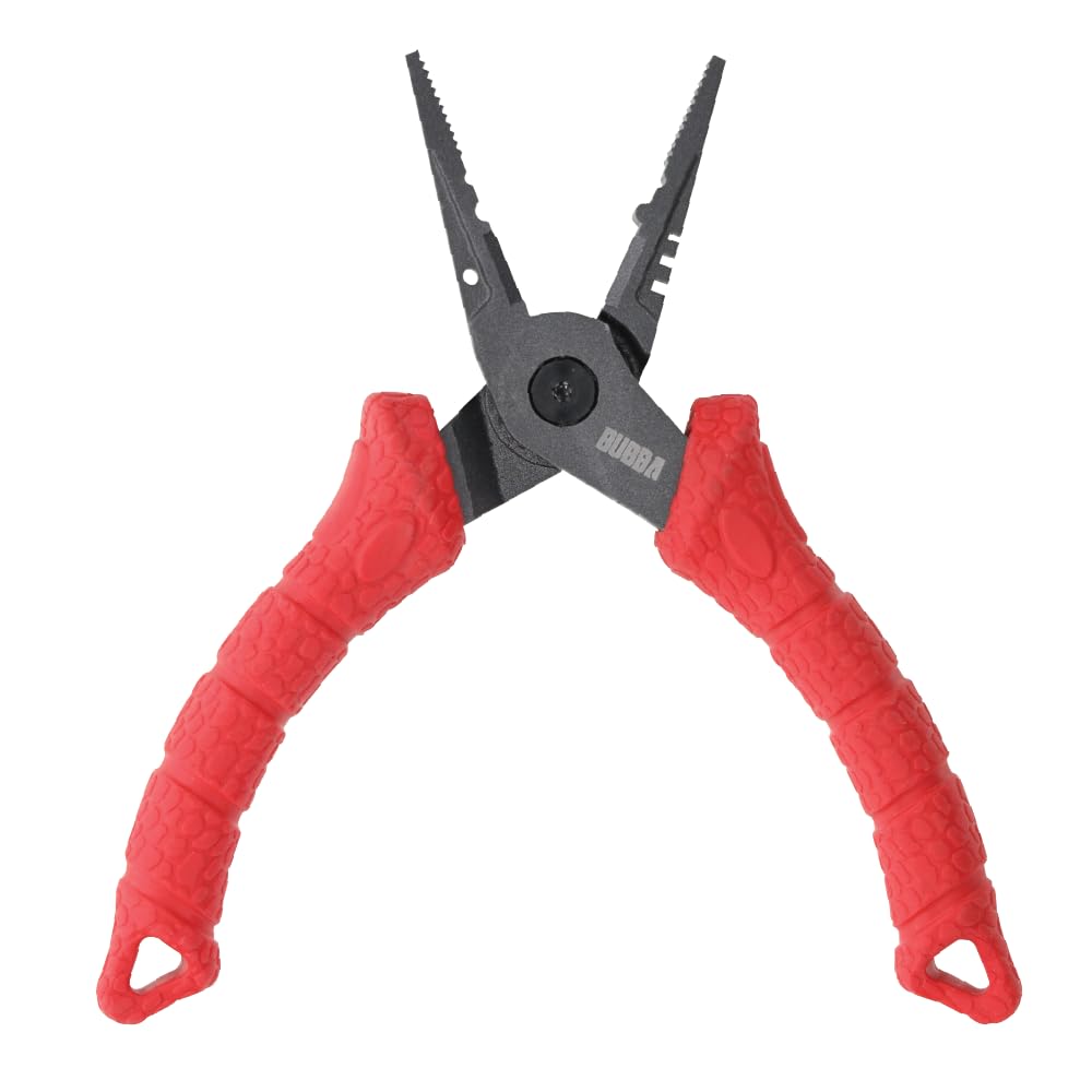 BUBBA 6-inch forged fishing pliers with sturdy jaws for crimping and cutting.